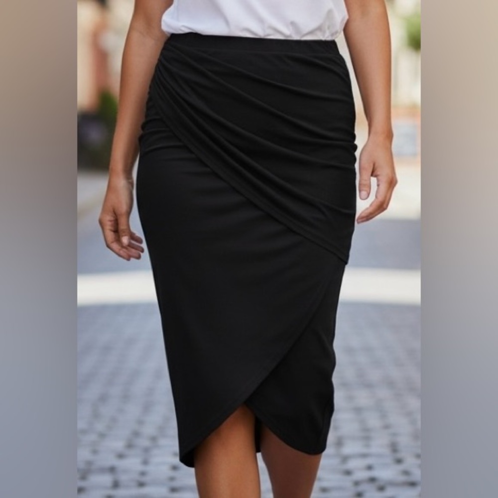 CAbi Black Ruched Faux Wrap Maxi Skirt